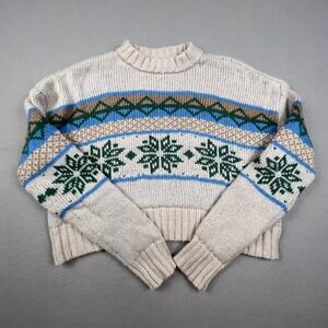 L.A. Hearts Fair Isle Sweater Womens Large Cream Blue Cropped Knit Boho Winter